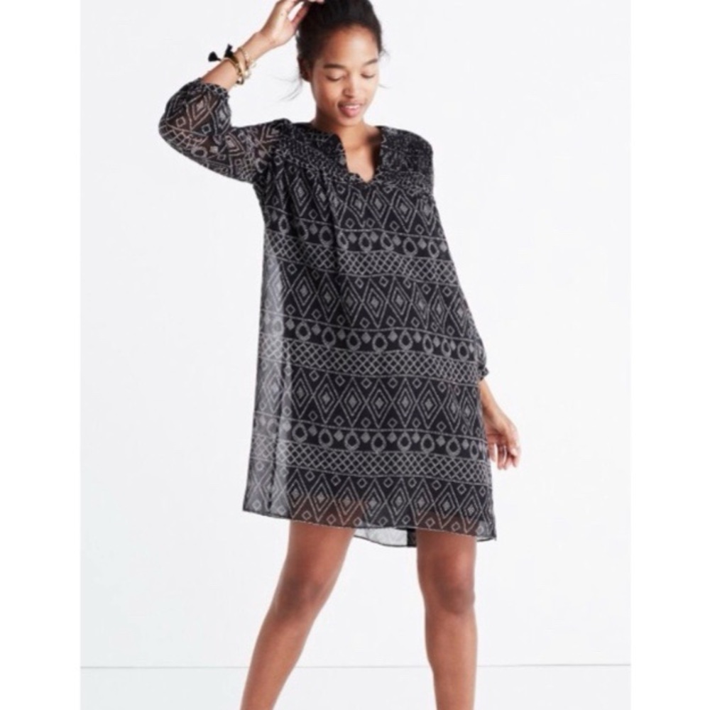 Madewell Black Patterned Long Sleeve Shift Dress